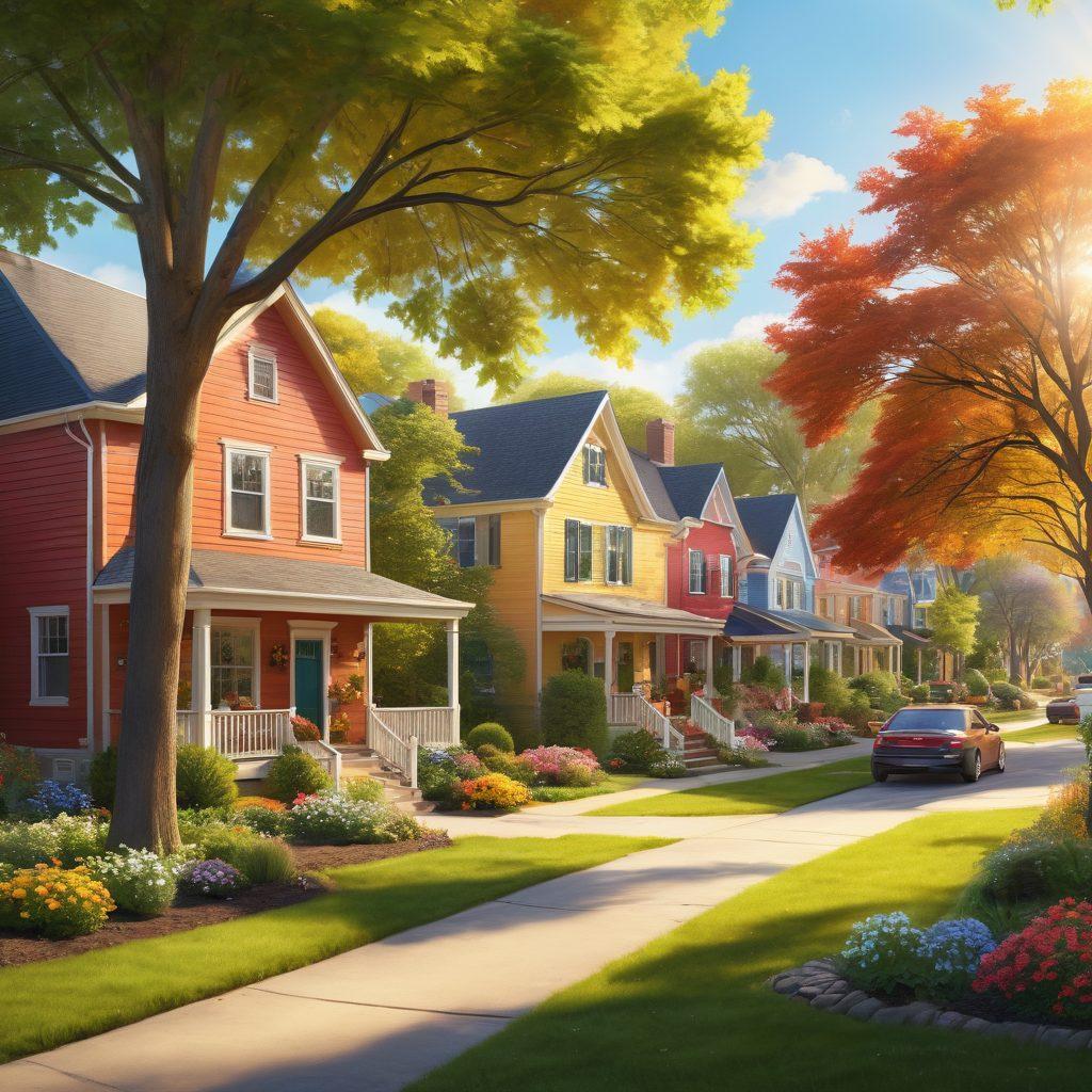 A cozy neighborhood scene featuring cheerful residents interacting in a warm, inviting environment, with colorful homes and beautiful gardens. Include a central park where families gather, children playing, and pets frolicking. Emphasize sunlight filtering through trees, creating a vibrant and happy atmosphere. Illustrate a sense of community, comfort, and belonging. super-realistic. vibrant colors. warm lighting.