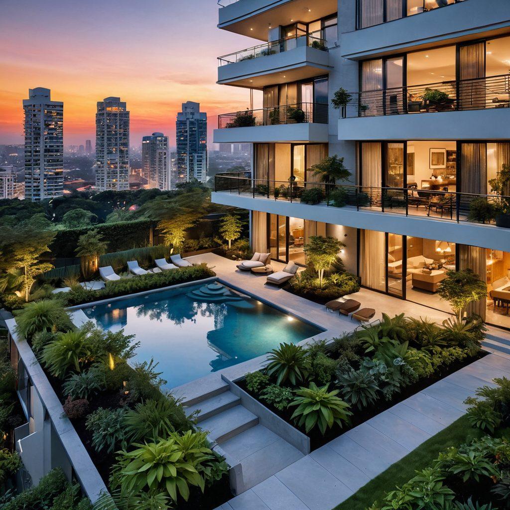 A stunning urban skyline featuring a luxurious high-rise flat on one side and a cozy, family-friendly condo on the other. The image should convey a sense of comfort and sophistication, with lush greenery in the foreground to symbolize a perfect retreat. Include cheerful families enjoying the outdoor spaces, with warm sunset colors creating an inviting atmosphere. hinting at diverse architectural styles. super-realistic. vibrant colors.