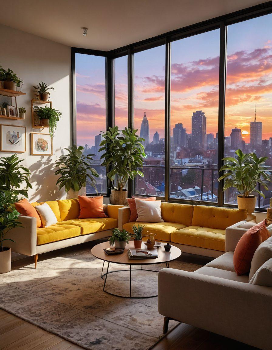 A cozy urban apartment with large windows showcasing a vibrant sunset, filled with stylish yet affordable furniture, plants, and artwork that evokes happiness. The scene should depict an inviting living space that radiates warmth and comfort, illustrating the joy of urban living. People happily interacting in the space, bright colors, and a clean modern aesthetic. super-realistic. vibrant colors.